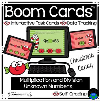 Preview of Boom Cards™ Multiplication and Division Unknown Numbers Christmas Candy