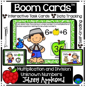 Preview of Boom Cards™ Multiplication and Division Unknown Numbers Johnny Appleseed