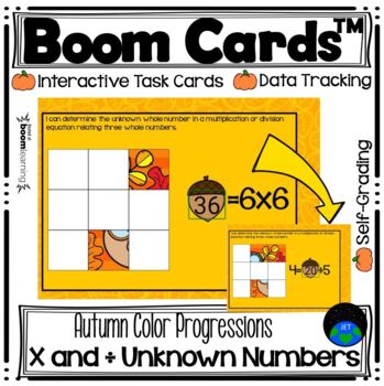 Preview of Boom Cards™ Multiply and Divide Unknown Numbers Color Progressions Autumn