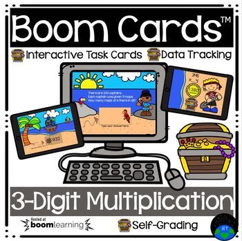 Preview of Boom Cards™ Multiplying 3-Digit Numbers by 1 Digit Pirates