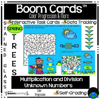 Preview of Boom Cards™ Multiplying & Dividing Unknown Number Stained Glass Spring Tree