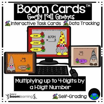 Preview of Boom Cards Multiplying up to 4 Digits by 1 Digit Googly Fall Gnomes