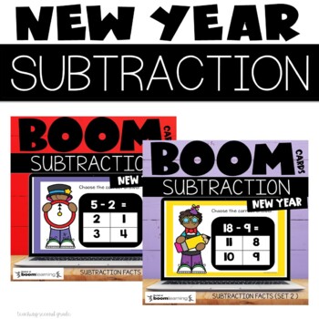 Preview of Boom Cards™ New Years Subtraction Facts Bundle