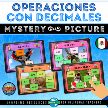 Preview of Boom Cards™ OPERACIONES CON DECIMALES Mystery Picture | 5th Decimals in Spanish