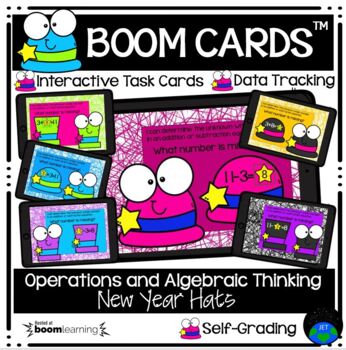 Preview of Boom Cards™ Operations and Algebraic Thinking New Year Hats