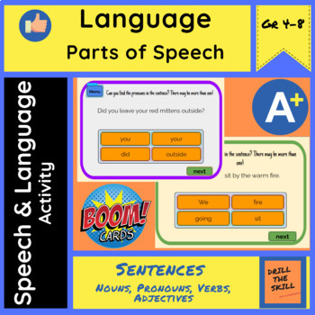 Preview of Boom Cards-Parts of Speech Nouns, Pronouns, Verbs & Adjectives - NO PREP!