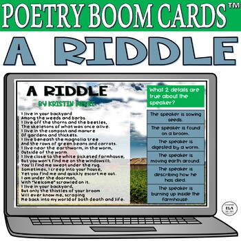 Preview of Boom Cards™ Poetry Quiz Reading Comprehension Test Prep Poem A Riddle