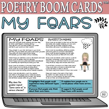Preview of Boom Cards™ Poetry Quiz Reading Test Prep Poem About Fear 4th Grade 5th 6th