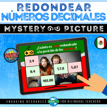 Preview of Boom Cards™ REDONDEAR DECIMALES Mystery Picture | Rounding Decimals in Spanish