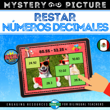 Preview of Boom Cards™ RESTAR DECIMALES Mystery Picture | Subtracting Decimals in Spanish