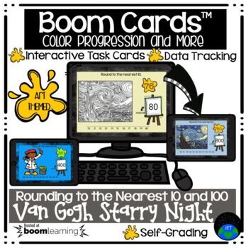 Preview of Boom Cards™ Rounding Van Gogh Starry Night Color Progression