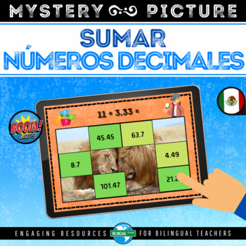 Preview of Boom Cards™ SUMAR DECIMALES Mystery Picture | Adding Decimals in Spanish