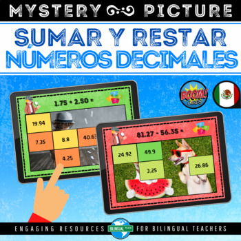 Preview of Boom Cards™ SUMAR Y RESTAR DECIMALES Mystery Picture | Add and Subtract Decimals