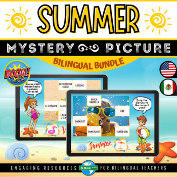 Preview of Boom Cards™ SUMMER VOCABULARY Mystery Picture | Bilingual Bundle