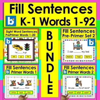 Preview of Boom Cards Sight Word Sentence Fill in the Blank BUNDLE 4 Different Levels K-1