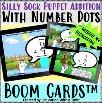 Preview of Boom Cards™ Sock Puppet Math Tap the Number Dots 1x1 Addition Distance Learning