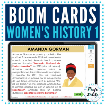 Preview of Boom Cards Spanish Women's History Month Readings | Biographies Set 1