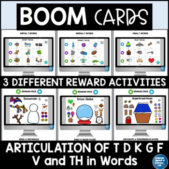 Preview of Winter Articulation Boom Cards Speech Therapy | T D K G F V TH Sounds