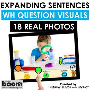 Preview of Expanding Sentences Boom Cards Speech Therapy, Real Photos and WH Questions