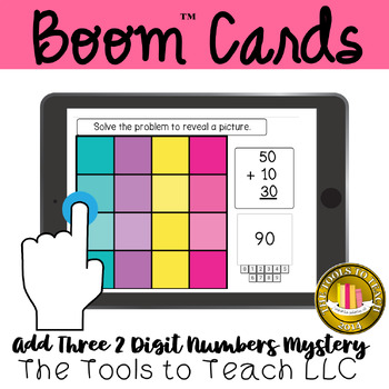 Preview of Boom™ Cards Spring Add 3 Two Digit Numbers Mystery Puzzle Digital Resource
