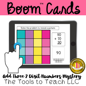 Preview of Boom™ Cards Spring Add 3 Two Digit Numbers Mystery Puzzle Grade 2