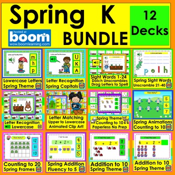 Boom Cards Spring Bundle for Kindergarten Literacy and Math 12 DECKS