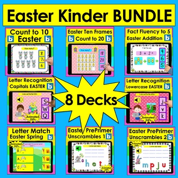 Preview of Boom Cards Easter Spring Bundle for Kindergarten Literacy and Math 8 DECKS