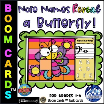 Preview of Boom Cards™ SPRING MUSIC Digital Activities Note Names Butterfly Reveal Puzzle