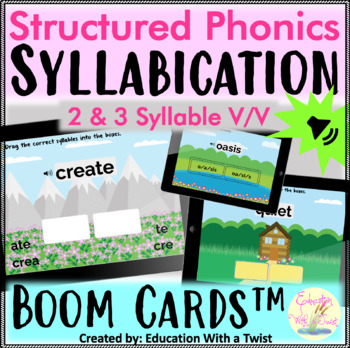 Preview of Boom Cards™ Structured Phonics 2 and 3 Syllables V/V Distance Learning