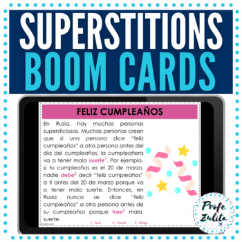 Preview of Boom Cards Superstitions Readings & Questions in Spanish | St. Patrick's Day