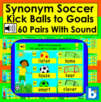 Preview of Boom Cards Synonyms Soccer Kick Balls to Goals Match 60 Pairs DigitalLearning