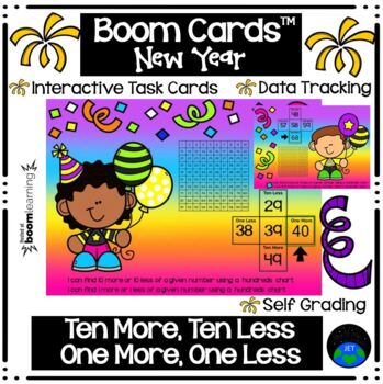 Preview of Boom Cards™ Ten More Ten Less One More One Less New Year