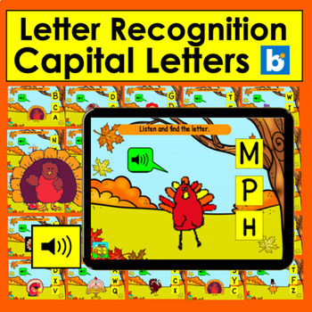 Preview of Boom Cards Thanksgiving Alphabet Capital Letter Recognition With Sound! Animated