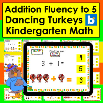 Preview of Boom Cards Thanksgiving Math Kindergarten Fact Fluency to 5 - Dancing Turkeys!