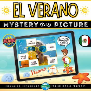Preview of Boom Cards™ VOCABULARIO VERANO Mystery Picture | Summer Vocabulary in Spanish