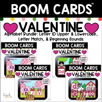 Preview of Boom Cards! Valentine Alphabet Bundle: Letter ID, Sounds, & Letter Matching