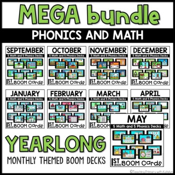 Preview of Boom Cards™ | YEARLONG Themed First Grade Math and Phonics
