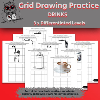 Preview of Boost Art Skills: 9 Differentiated Grid Drawing Worksheets - Drinks Themed