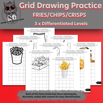 Preview of Boost Art Skills: 9 Differentiated Grid Drawing Worksheets - Fries Chips Crisps