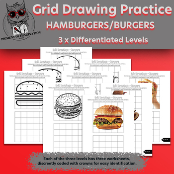 Preview of Boost Art Skills: 9 Differentiated Grid Drawing Worksheets - Hamburger Themed