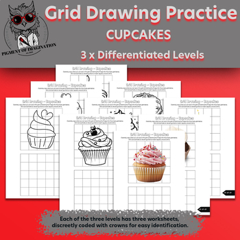 Preview of Boost Art Skills: Differentiated Grid Drawing Worksheets - Cupcake Theme