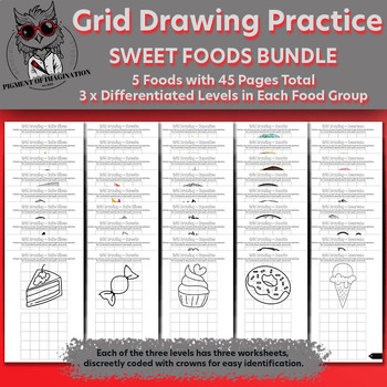 Preview of Boost Art Skills: 45 Differentiated Grid Drawing Worksheets - Sweet Foods Bundle