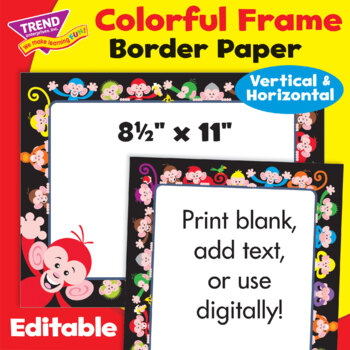 Preview of Border Paper Digital Frame - Colorful Monkey Theme | Editable