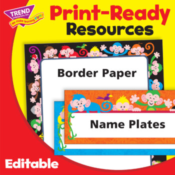 Preview of Border Paper - Name Plate Colorful Monkey Theme | Editable Bundle