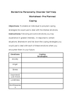 Preview of Borderline Personality Disorder Self Help Worksheet- Pre Planned Coping