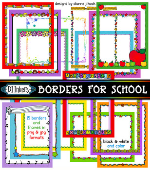 Preview of Borders for School Clip Art - 15 Fun, Colorful Borders for Teachers by DJ Inkers