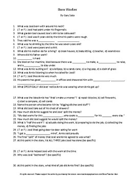 Preview of Born Worker by Gary Soto Complete Guided Reading Worksheet