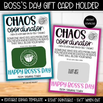 Preview of Boss's Day Chaos Coordinator Gift Card, Bosses Tag, Admin Principal Thank you