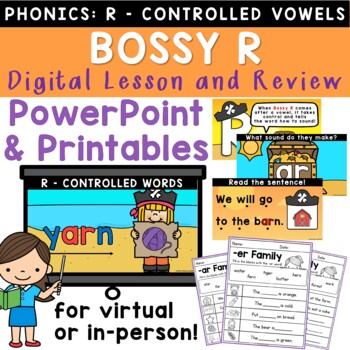 Preview of Bossy R Controlled Vowels Phonics PowerPoint Lesson and Bossy R Worksheets