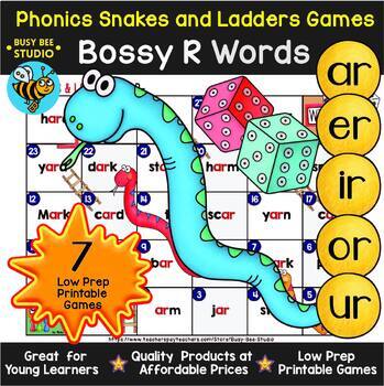 Preview of BOSSY R SNAKES & LADDERS GAMES PHONICS R CONTROLLED VOWEL AR ER IR OR UR REVIEW